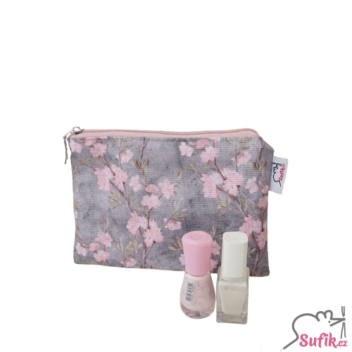 Kapsička na zip 13x17 cm růžové větvičky na šedé