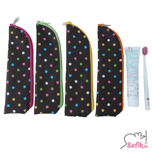 Kapsička na příbory/kartáček na zuby hnědá barevný puntík/různé zipy
