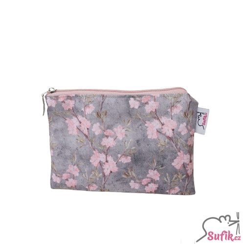 Kapsička na zip 13x17 cm růžové větvičky na šedé