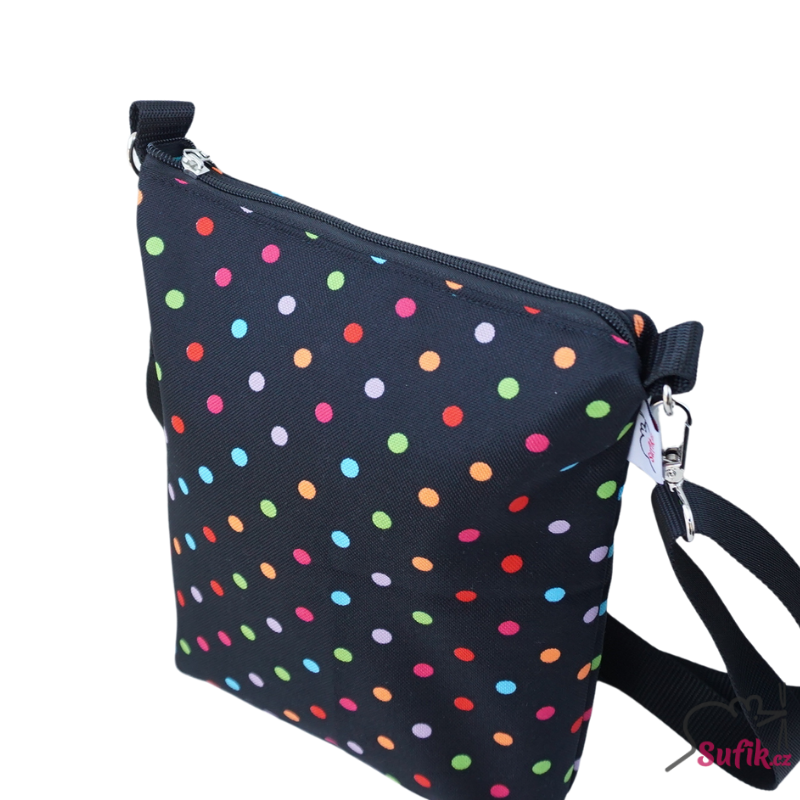 Kabelka crossbody A5 černá barevný puntík/černý zip/tyrkys podšívka
