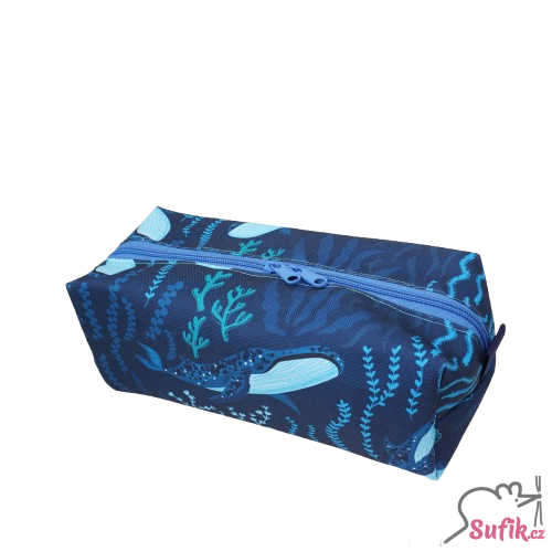 Kosmetická taštička hranatá velryby modrý zip