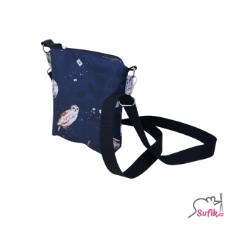 Kabelka crossbody A6 modrá se sovou a dopisem/žlutá podšívka