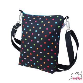 Kabelka crossbody A5 černá barevný puntík/černý zip/tyrkys podšívka