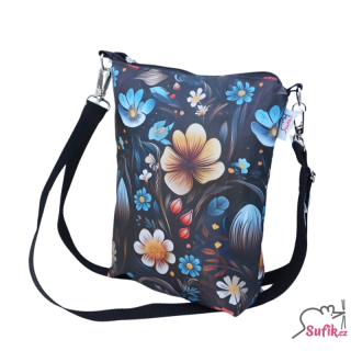 Kabelka crossbody A5 květy tyrkys nebo černá podšívka